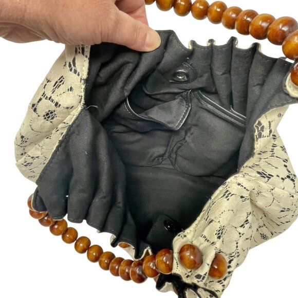 NWOT Vintage Talbots Lace Satchel Purse Wooden Beaded Handle Ivory Cream Snap - Picture 6 of 10